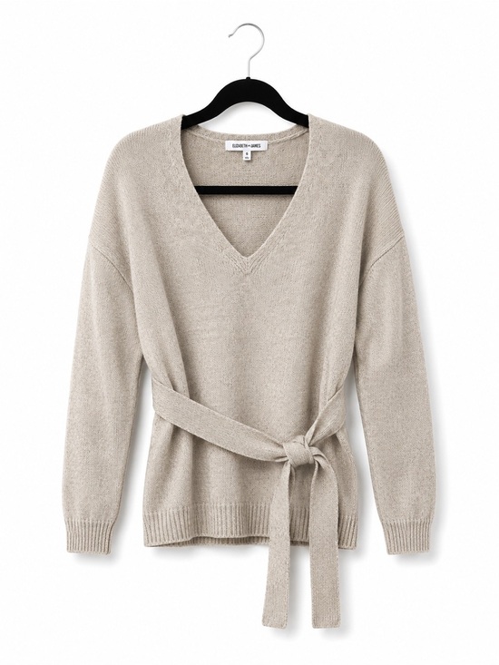 Elizabeth and James Sweaters - Elizabeth and James Beige V-Neck Sweater with Tie Waist